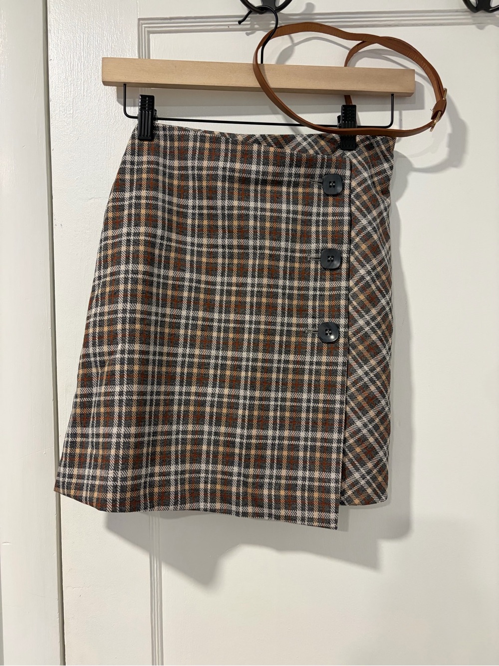 white birch Brown and Cream Plaid Button Mini Skirt